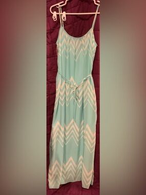 Sweet Claire Aqua & White Chevron Maxi Dress with Tie Waist